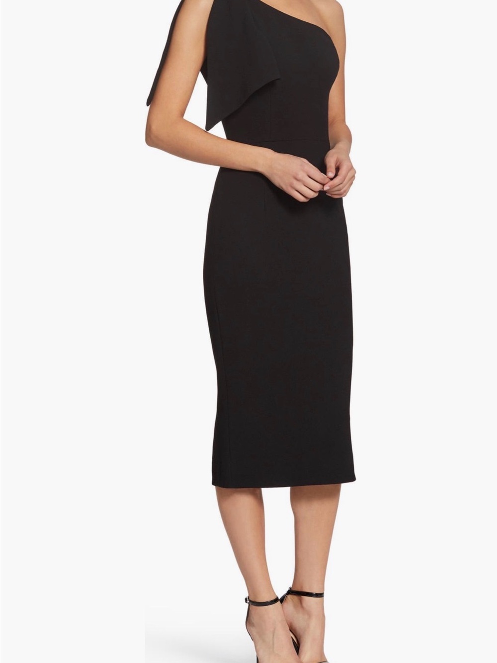 Dress the Population Tiffany One-Shoulder Black Midi Sheath Dress Size Small
